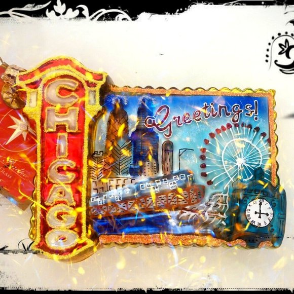 Authentic Christopher Radko CHICAGO Greetings Postcard Blown Glass Ornament NEW! - Picture 1 of 6
